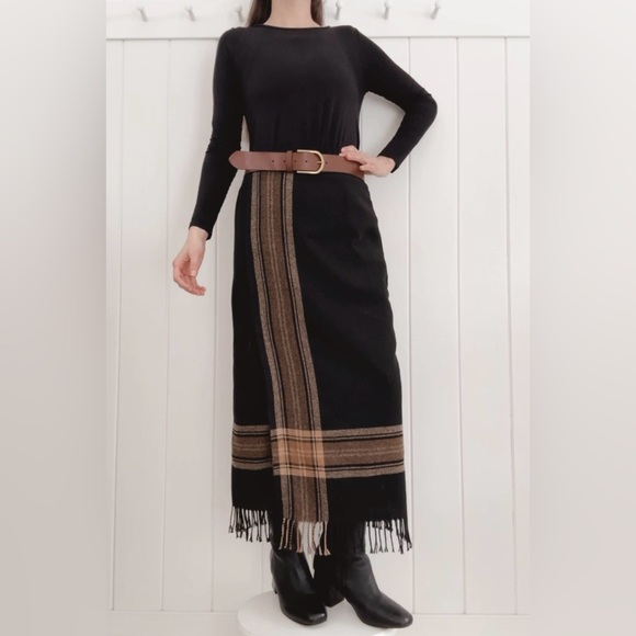 Dress Barn Dresses & Skirts - Vintage Dressbarn Wrap Skirt Plaid Fringe Wool Blend Black Brown Western Maxi